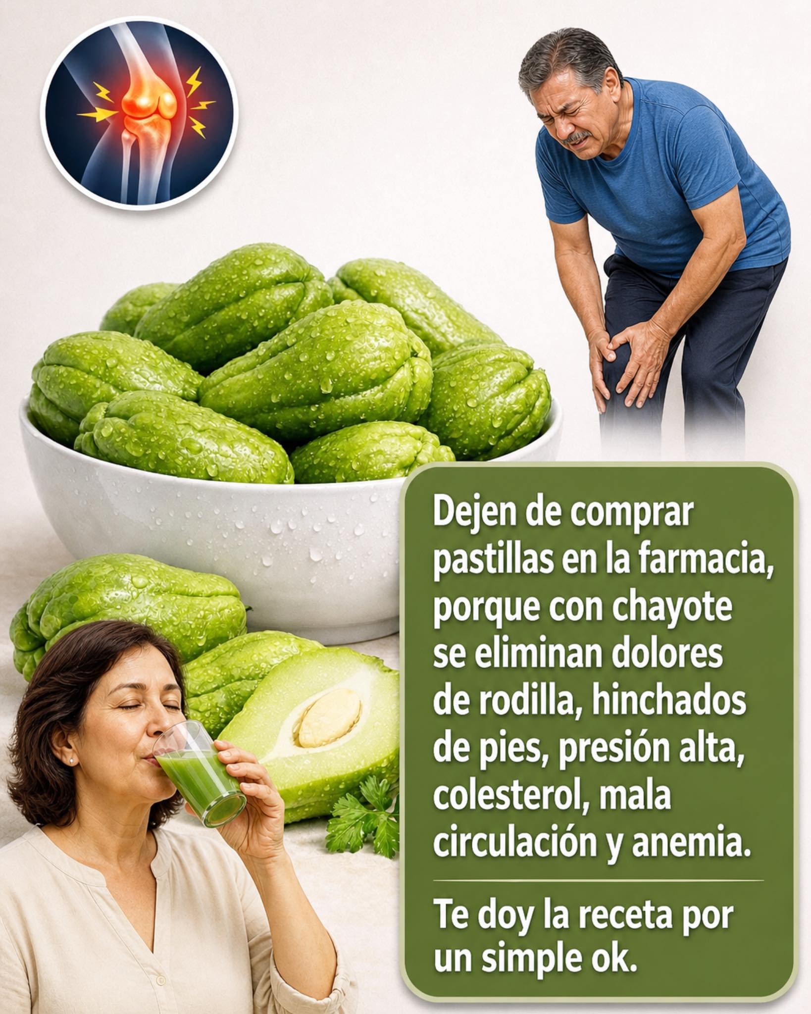 Chayotes en un tazón y personas utilizando remedios naturales