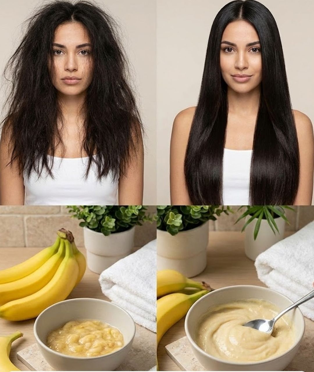 Antes y después de usar keratina casera de plátano