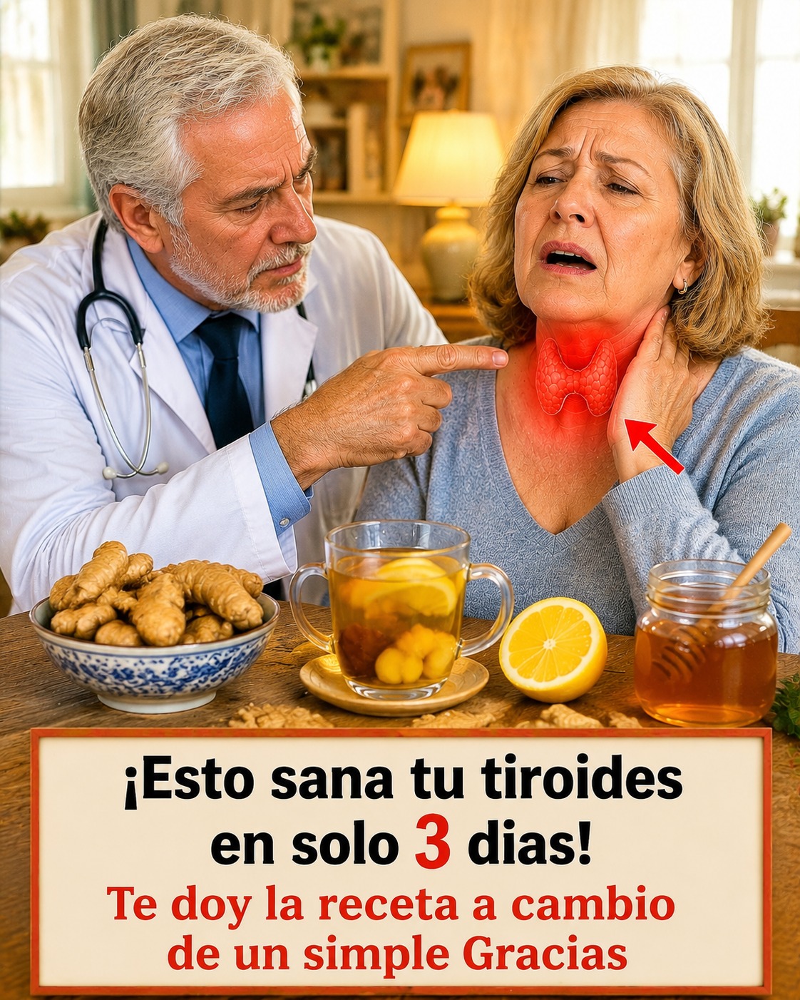 Médico examina la tiroides de una mujer