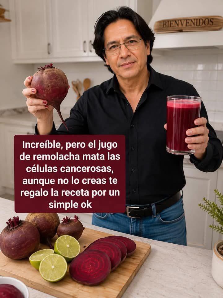 Hombre sosteniendo remolacha y jugo de remolacha