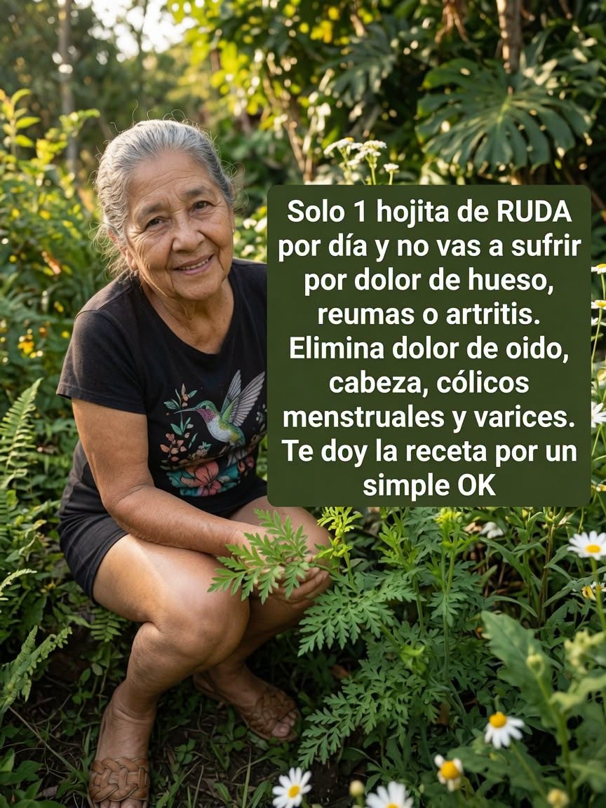 Mujer mayor en un jardín sosteniendo hojas de ruda