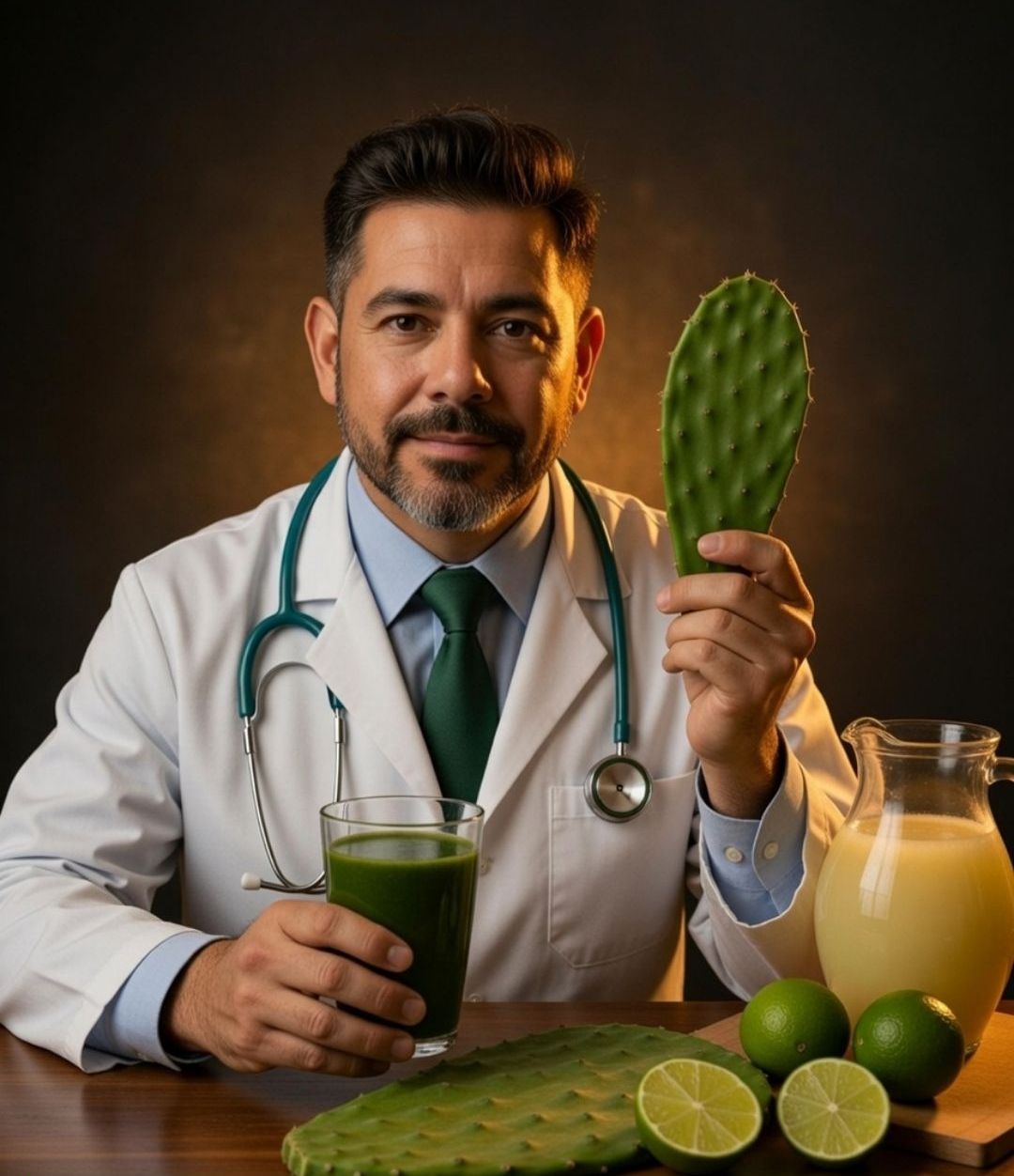 Hombre médico con nopal y jugo verde