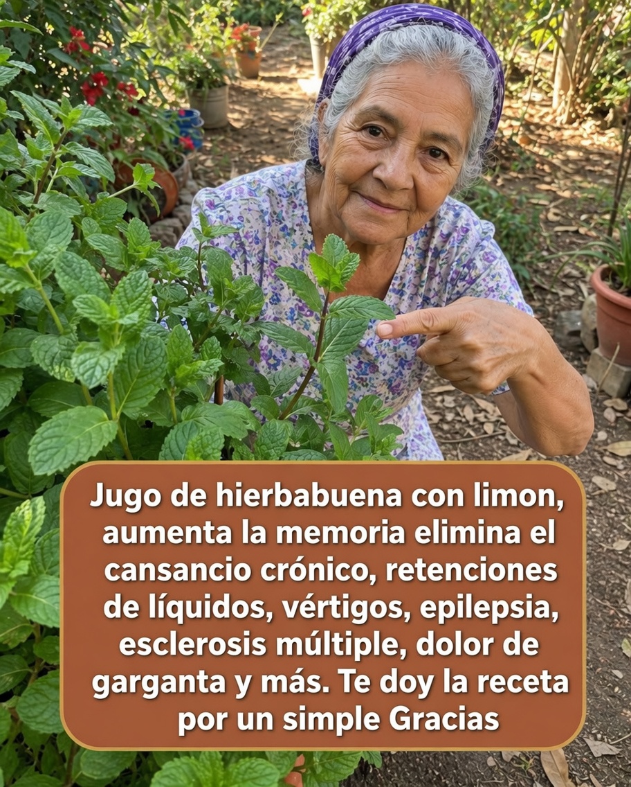 Persona mayor en un jardín señalando hierbabuena