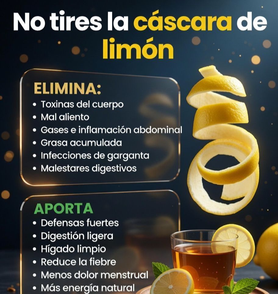 Cáscara de limón en espiral junto a un vaso de té