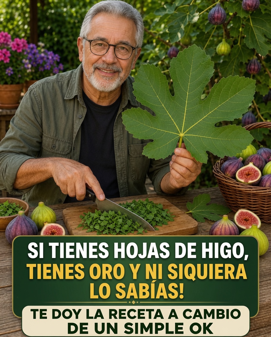 Hombre sosteniendo hoja de higo y cortando otras hojas
