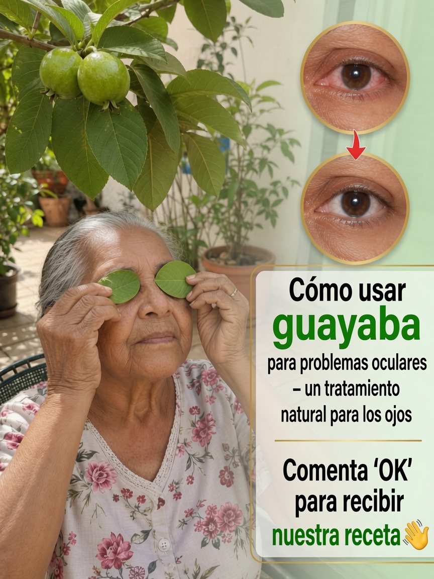 Mujer mayor aplicándose hojas de guayaba en los ojos