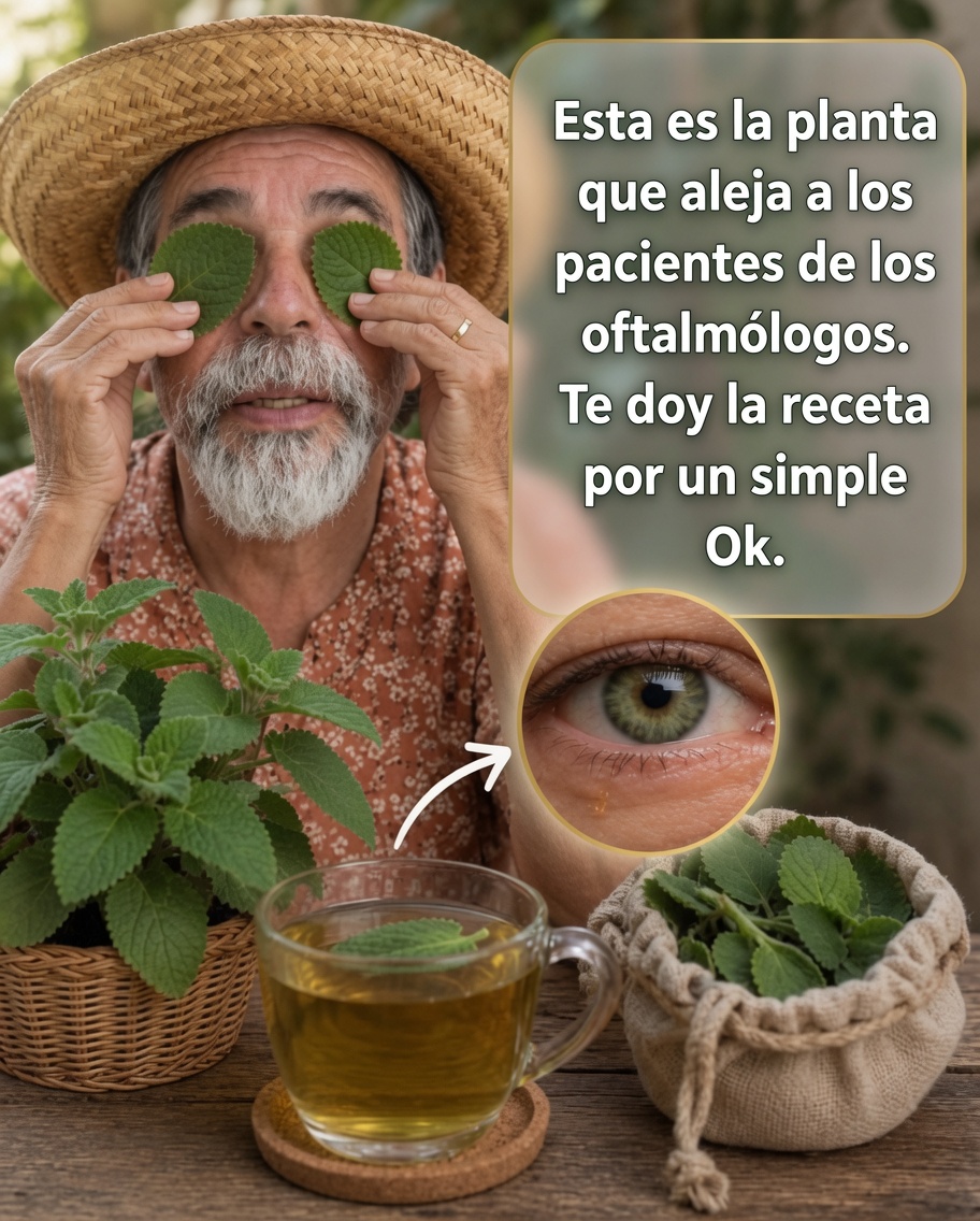 Hombre mayor sosteniendo hojas de melisa y una taza de té