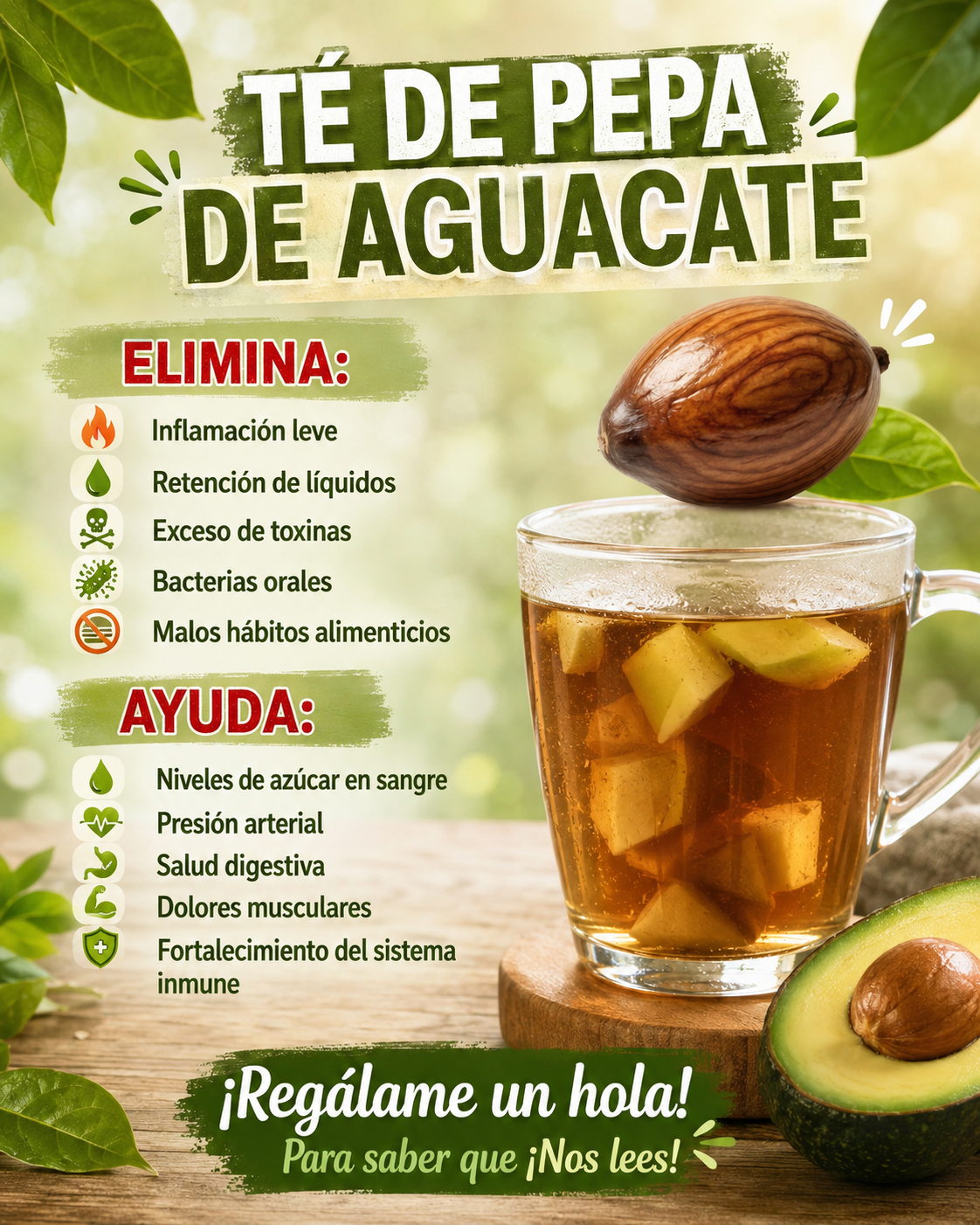 Infografía sobre los beneficios del té de semilla de aguacate